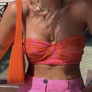 Zara Blogger Fave Tulle Corset Top in Pink Orange Floral Cropped Size Small